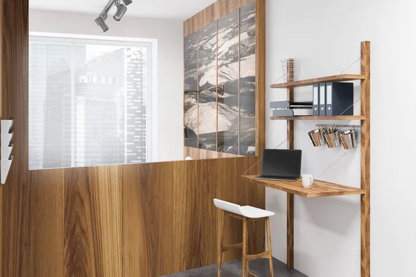 Home office interior with white and wooden walls, panoramic windows, a concrete floor, and a computer table. Close up. 3d rendering mock up