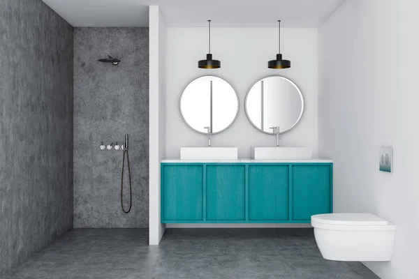 White Luxury Bathroom Interior Concrete Floor Blue Double Vessel Sink — Stockfoto