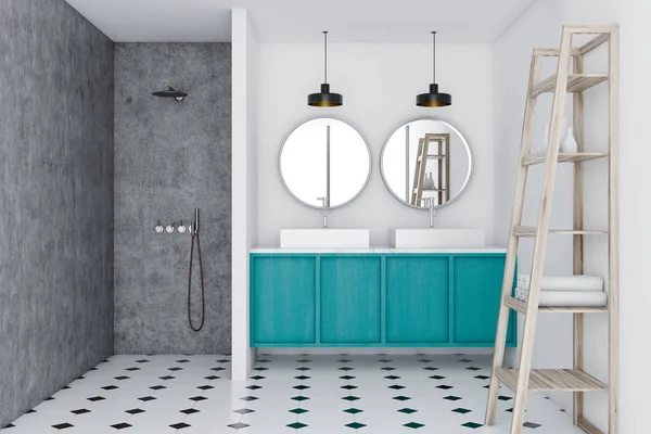 Interno Del Bagno Lusso Bianco Con Pavimento Cemento Lavandino Blu — Foto Stock