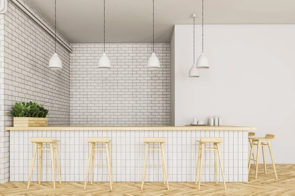 Sanayi tarzı kafe iç beyaz tuğla duvarlar, ahşap zemin ve ahşap masa sandalye ve yeşil kanepe ile. Bir bar. 3D render alay