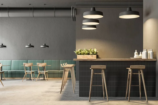 工业风格的酒吧内部有深灰色的墙壁 混凝土地板 拱形窗户和木制桌椅 绿色沙发 渲染模拟 — 图库照片