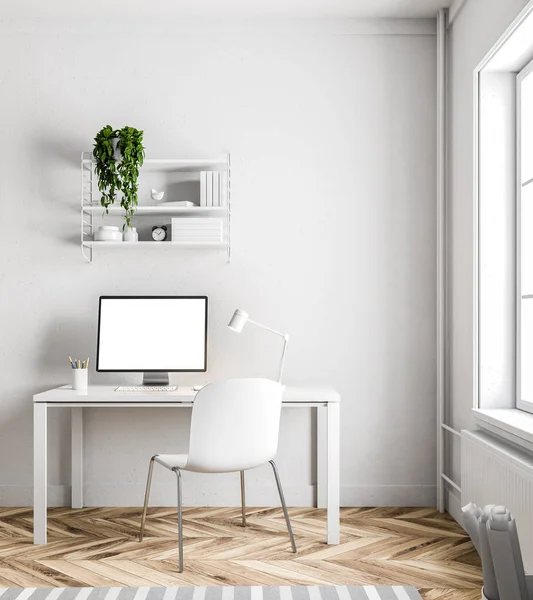 Simple white home office workplace with a white table and chair, a mock up computer screen and a wooden floor with a rug on it. A shelf. 3d rendering