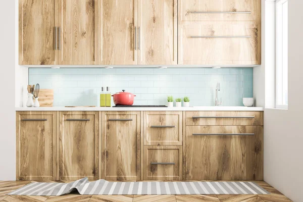 白色斯堪的纳维亚风格的厨房内饰与蓝色瓷砖和白色墙壁 木地板 木台面和橱柜和一个白色的桌子 前视图 渲染模拟 — 图库照片