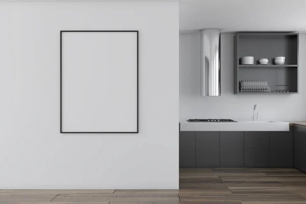 Interior Cocina Blanco Minimalista Con Paredes Blancas Suelo Madera Encimeras — Foto de Stock