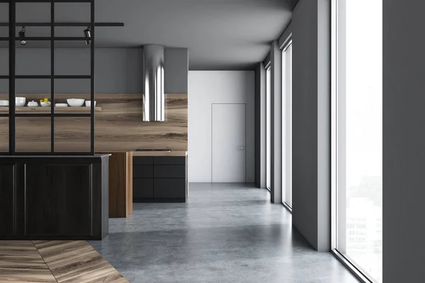 豪华厨房内饰 灰色墙壁 混凝土地板 黑色台面和一个白色的门 渲染模拟 — 图库照片