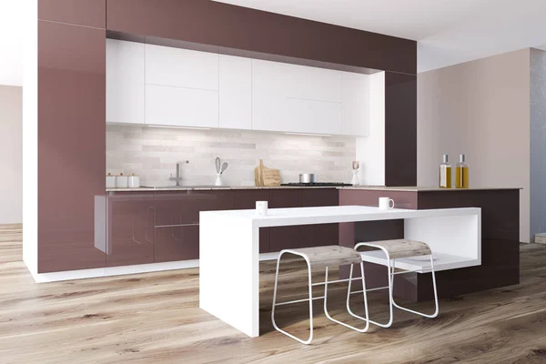 Brown kitchen countertops in a white wall room with a wooden floor, and a table with chairs. Concept of a modern and cozy house. 3d rendering mock up