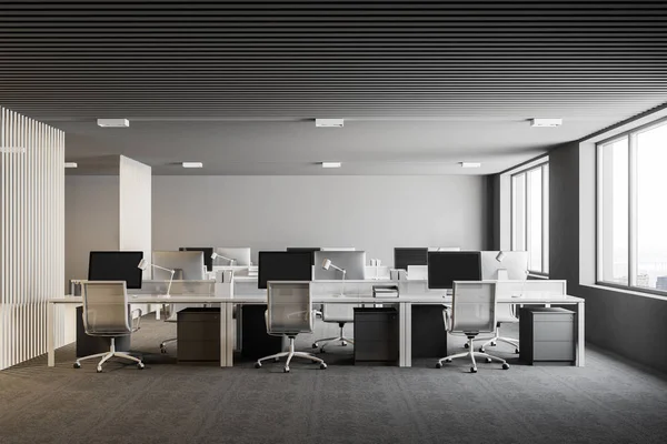 Intérieur Bureau Ouvert Blanc Gris Avec Plancher Gris Des Fenêtres — Photo