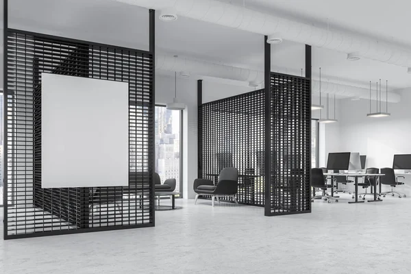 Siyah bir kanepe ve koltuklar yakınındaki bir beton zemin üzerinde bir sehpa duran ile çatı windows ofis bekleme odası iç. Dikey bir poster. Beyaz duvarlar. 3D render alay