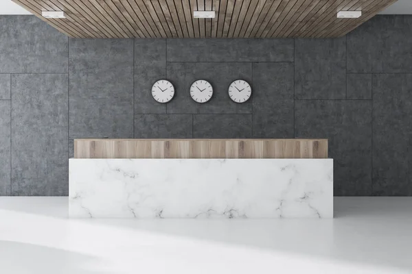 大理石の床と白い大理石 木製のレセプションと灰色の壁オフィス待合室のインテリア レンダリングをモックアップします — ストック写真