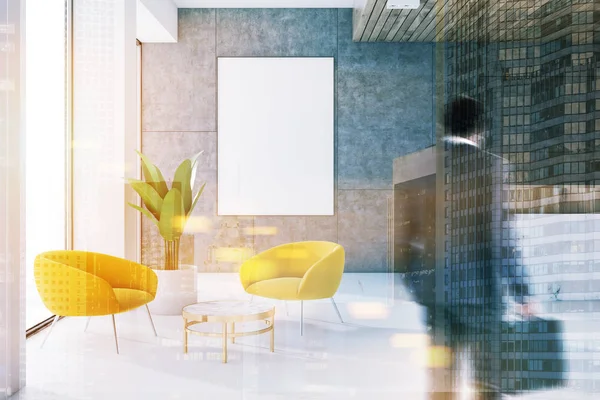 Bir gri duvar ofis bekleme odası iç bir mermer zemin, bir resepsiyon, bir sehpa ile sarı koltuk ve bir poster ile iş adamı. 3D render sahte tonlu görüntü çift pozlama kadar bulanık