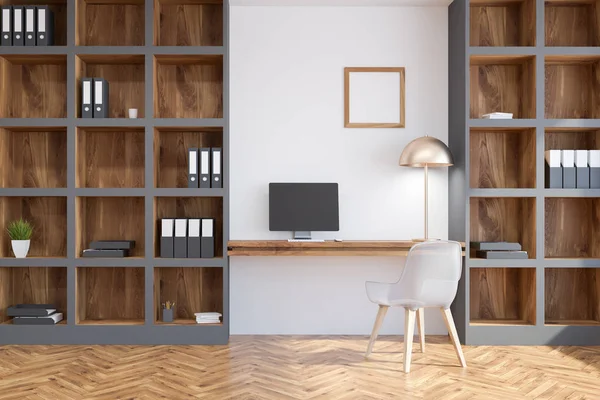 Bir ev ofis iç beyaz duvarlı, küçük bir kare poster ve kütüphaneler bir bilgisayar tabloyla iç. 3D render alay