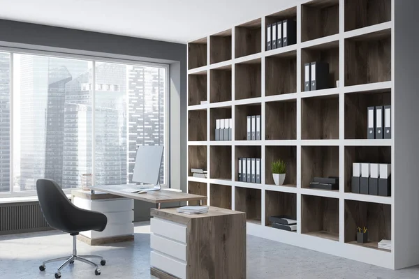 Şık Yöneticisi office iç panoramik pencerelere, beton zemin, büyük bir tablo ve kütüphaneler. Yan görünümü. 3D render alay