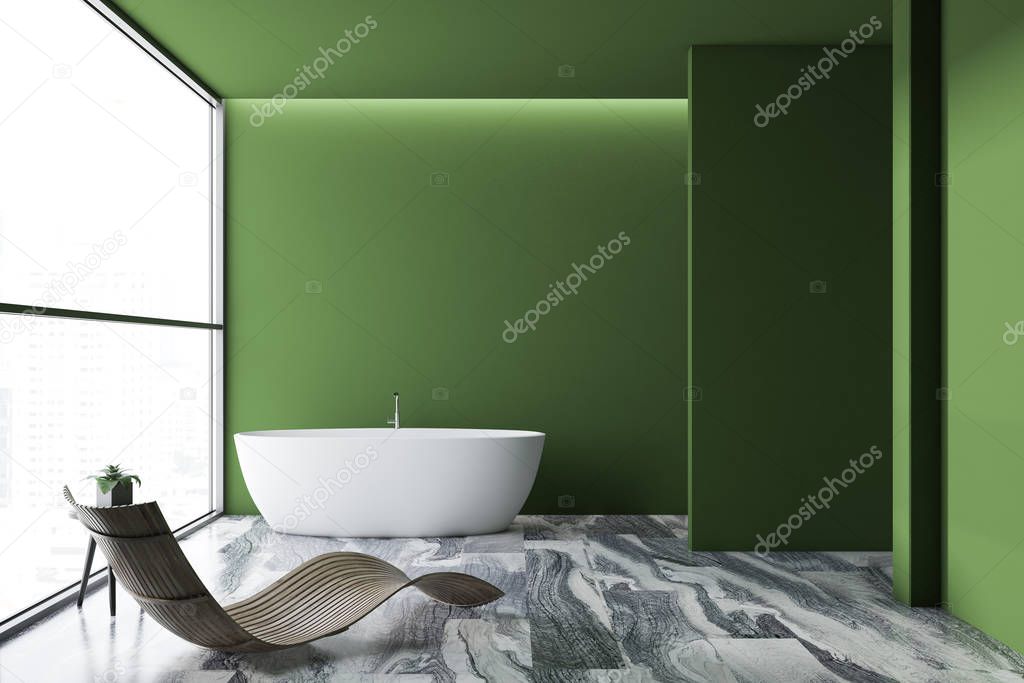 Loft green wall luxury bathroom interior with a gray marble floor, a white bathtub, and a wooden deck chair. 3d rendering mock up