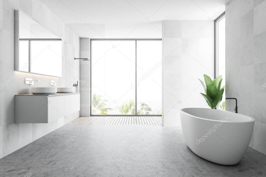 White wooden tile bathroom interior with a concrete floor and a white bathtub standing near a potted plant. A loft window and a double sink. 3d rendering mock up