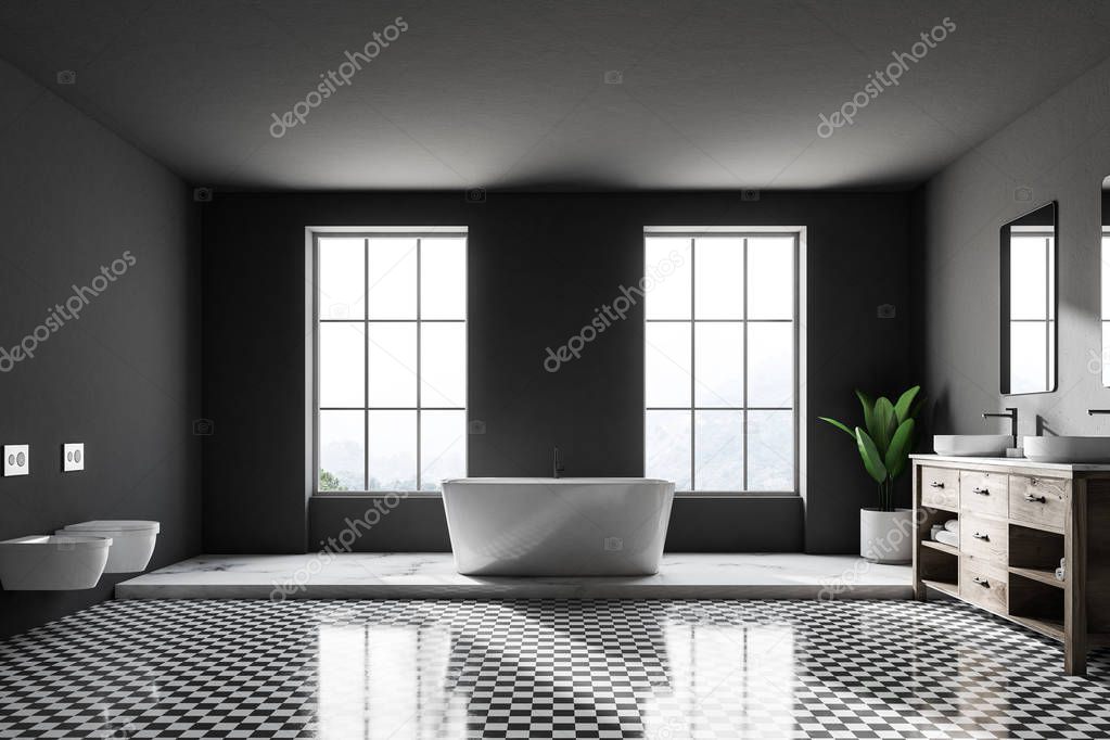 Gray luxury bathroom interior with a checkered floor, a white bathtub and a double sink near the loft window. 3d rendering mock up