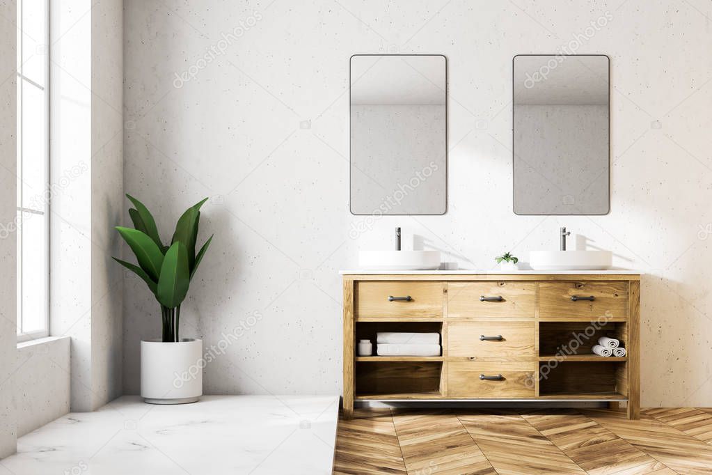 White luxury bathroom interior with a wooden floor, and a double sink near the loft window. Two vertical mirrors. 3d rendering mock up