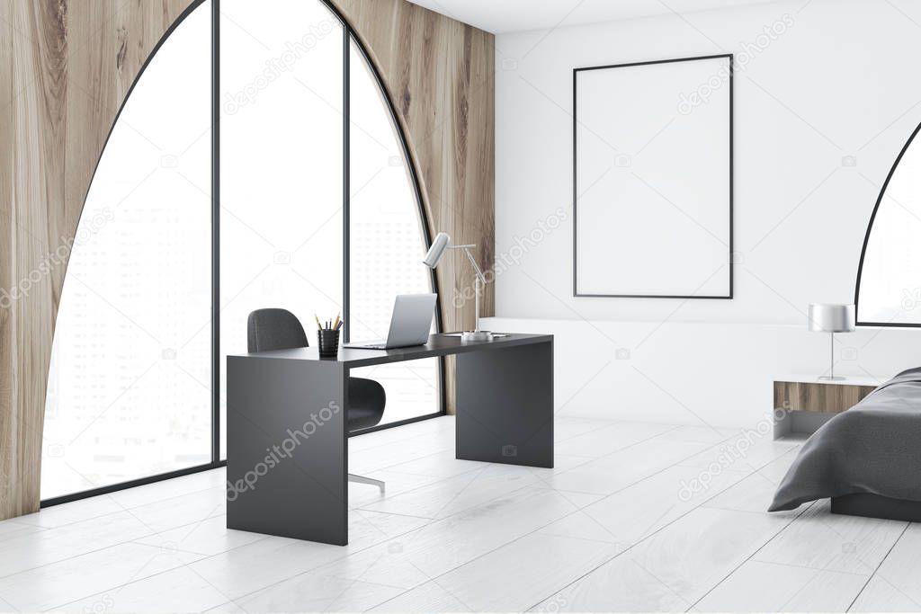 Home office and bedroom interior with white and wooden walls, arched windows, a concrete floor, a gray computer table and a bed. A vertical poster frame on the wall. 3d rendering mock up