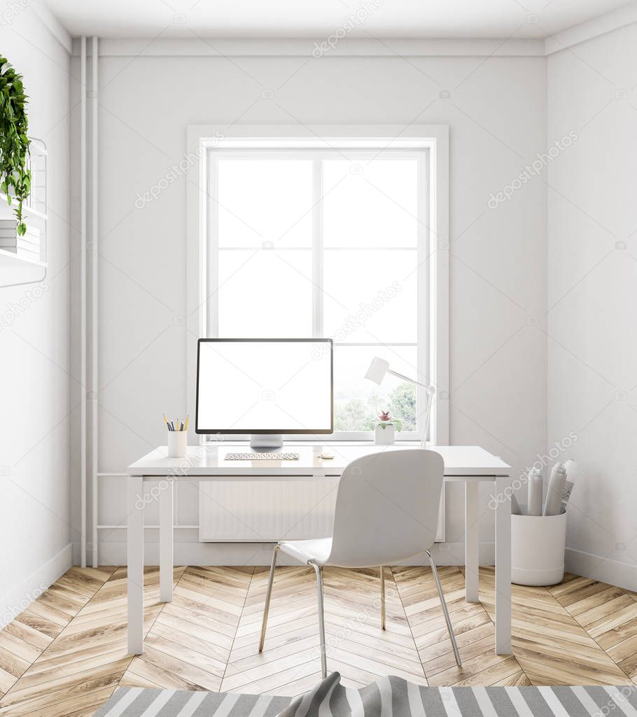 Simple white home office workplace with a white table and chair, a mock up computer screen and a wooden floor with a rug on it. 3d rendering