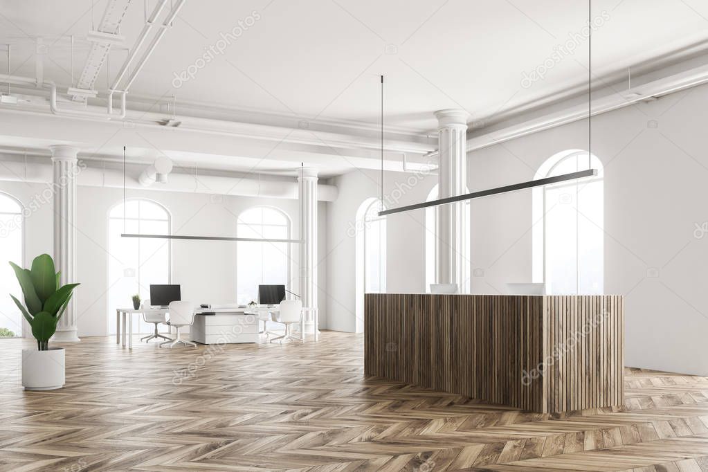 Arched windows office corner with a wooden reception standing on a wooden floor. White walls. Open space office area in the background. 3d rendering mock up