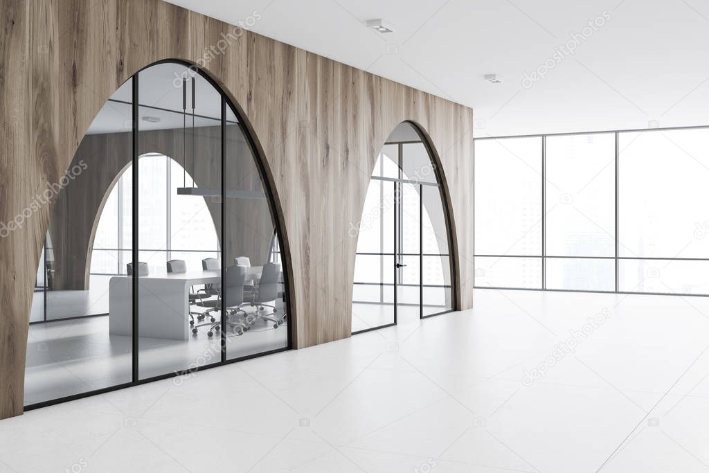 Modern office lobby with a white floor, arched light wooden walls and panoramic windows. 3d rendering mock up