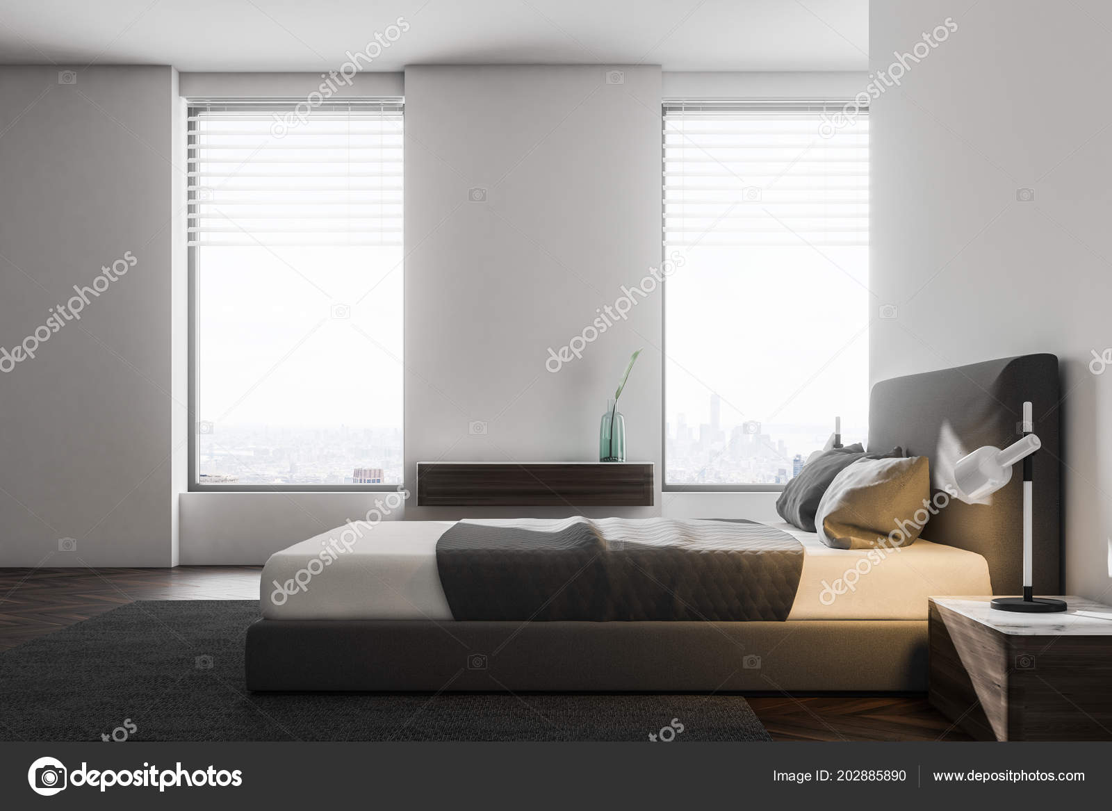 Luxury Bedroom Corner White Walls Wooden Floor King Size Bed