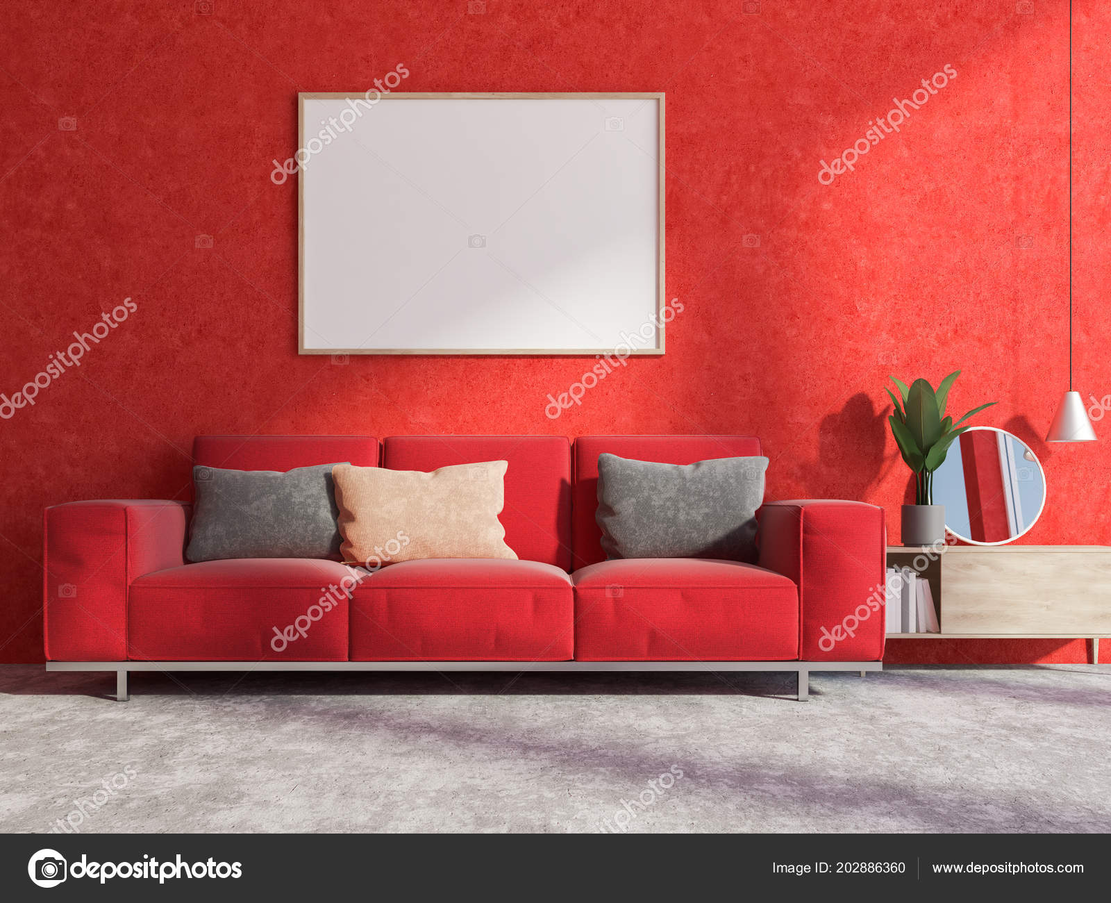 Red Living Room Interior Concrete Floor Soft Red Couch Cabinet