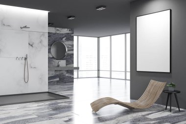 Siyah ve beyaz mermer lüks banyo köşe duş kabini ve lavabo yuvarlak ayna ile. Bir şezlong ve dikey bir poster. 3D render alay