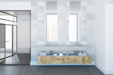 Beyaz çini lüks banyo iç bir beton zemin, bir ahşap Çift Kişilik gemi lavabo ve yukarıda asılı iki dar aynalar. Bir duş. 3D render alay