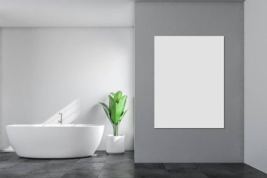 Minimalistic bathroom interior with white walls, a tiled black floor, and a white bathtub with a potted plant standing near it. Scandinavian style. A blank veritcal poster. 3d rendering mock up clipart