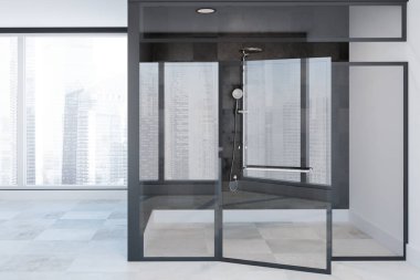 Panoramik banyo iç siyah taş duvarlar, beyaz bir zemin ve bir cityscape ile cam duş kabini. 3D render alay