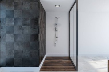 Cam duş kabini geniş banyo iç siyah çini ve beyaz duvarlar, beyaz ve ahşap zemin ve duvar parçası 3d render kadar sahte
