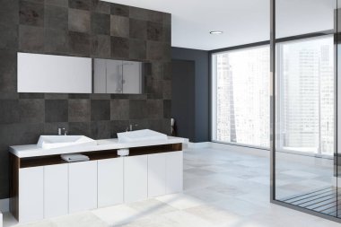 Panoramik banyo iç siyah taş duvarlar, beyaz bir zemin ve bir çift lavabo vanity birim ile cam duş kabini. 3D render alay