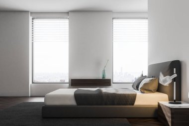 Lüks yatak odası beyaz duvarlar, ahşap zemin ve king size Yataklı Köşe. İskandinav tarzı. Yan görüntülemek 3d render sahte