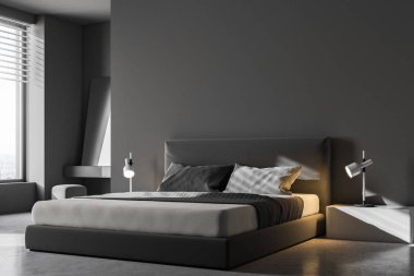 Lüks yatak odası Gri duvarlar, beton zemin ve king size Yataklı Köşe. İskandinav tarzı. 3D render sahte kadar yakın çekim