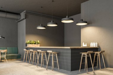 Sanayi tarzı pub iç ile koyu gri duvarlar, beton zemin, kemerli pencereler ve ahşap masa sandalye ile. Yeşil kanepe. Yan görünümü. 3D render alay