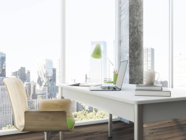 Lüks panoramik ev ofis içi beton duvarlar, ahşap zemin ve bir sandalye konumu olan bir temiz bilgisayar tablo yakın. Yan görüntülemek 3d render sahte