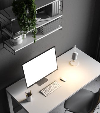 Bir masa ve bir boş bilgisayar ekranında bu kitap rafı ile bir hipster odada duran koyu gri ev ofis iç. Üstten görünüm 3d render alay