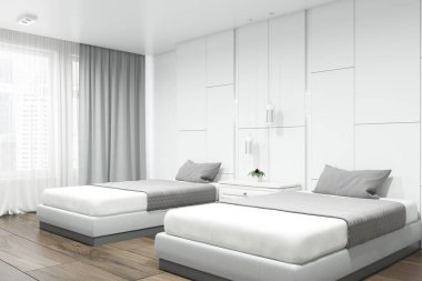 Otel Süiti köşede beyaz duvarlar, ahşap zemin, iki yatak ve büyük bir pencere perdeleri ile o. 3D render