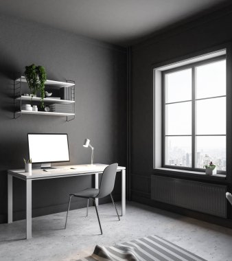 Bir masa ve bir boş bilgisayar ekranında bu büyük bir pencere ile bir hipster odada duran koyu gri ev ofis iç. Raflardan. Yan görüntülemek 3d render sahte