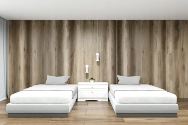 Otel Süiti iç beyaz ve ahşap duvarlar, ahşap zemin, iki yatak ve perdeler üstünde o ile büyük bir pencere. 3D render