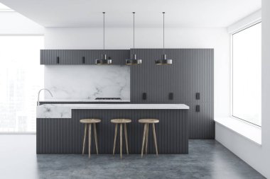 Çatı katı mutfak iç beyaz duvarlar, beton zemin, gri çubuğu ve yerleşik aletleri ile mutfak tezgahı ile. 3D render alay