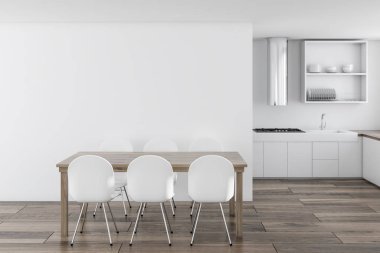 İskandinav tarzı mutfak iç beyaz duvarlar, ahşap zemin, beyaz mutfak tezgahı ve dolapları ve beyaz sandalye ile bir tablo. 3D render alay