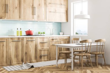 Beyaz İskandinav tarzı mutfak iç mavi döşenmiş ve beyaz duvarlar, ahşap zemin, ahşap mutfak tezgahı ve dolapları ve sandalye ile beyaz bir tablo ile. Yan görünümü. 3D render alay