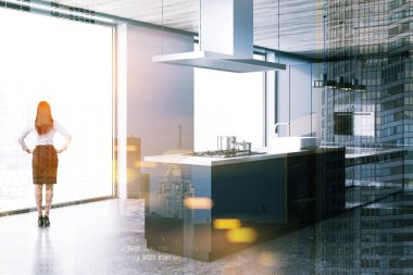 Bir beton zemin, beyaz bir bar ve ile gri mutfak tezgahı ile koyu gri mutfak köşe aletleri inşa. Ahşap tavan. İşkadını 3d render sahte kadar çift tonlu görüntü pozlaması