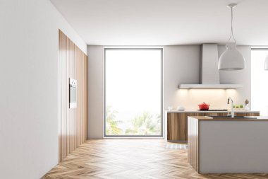 Çatı katı mutfak iç ahşap ve beyaz duvarlar, ahşap zemin, beyaz bir bar ve mutfak tezgahı ile ile aletleri inşa. 3D render alay