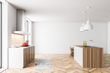 Çatı katı mutfak iç beyaz duvarlar, ahşap bir zemin, bir ahşap bar ve yerleşik aletleri ile mutfak tezgahı ile. 3D render alay