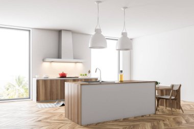 Çatı katı mutfak köşe beyaz duvarlar, ahşap zemin, beyaz çubuğu ve yerleşik aletleri ile mutfak tezgahı ile. 3D render alay