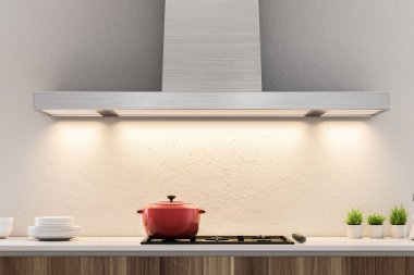 Beyaz mutfak iç ahşap mutfak tezgahı ile. Bir tencere ile bir kırmızı pot ayakta. Bir ev yapımı yiyecek ve rahatlık kavramı. 3D render alay