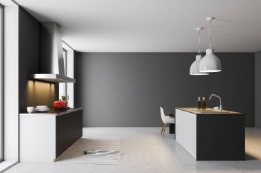 Çatı katı mutfak iç Gri duvarlar, beton zemin, gri çubuğu ve yerleşik aletleri ile mutfak tezgahı ile. 3D render alay