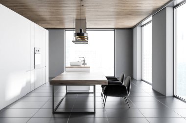 Gri duvarlar, kiremitli bir zemin ve uzun ahşap bir masa sandalye ile panoramik mutfak iç. 3D render alay